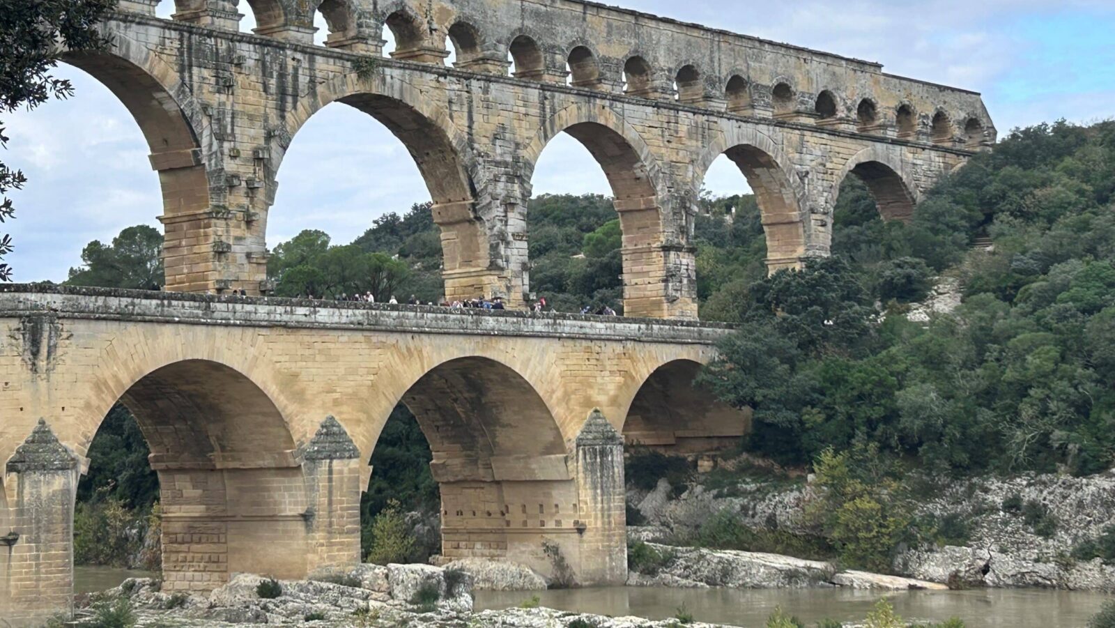 The Pont du Gard Roman aqueduct bridge over the river Gardon near the town of Vers-Pont-du-Gard in southern France