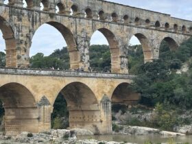 The Pont du Gard Roman aqueduct bridge over the river Gardon near the town of Vers-Pont-du-Gard in southern France