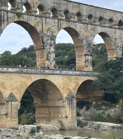 The Pont du Gard Roman aqueduct bridge over the river Gardon near the town of Vers-Pont-du-Gard in southern France