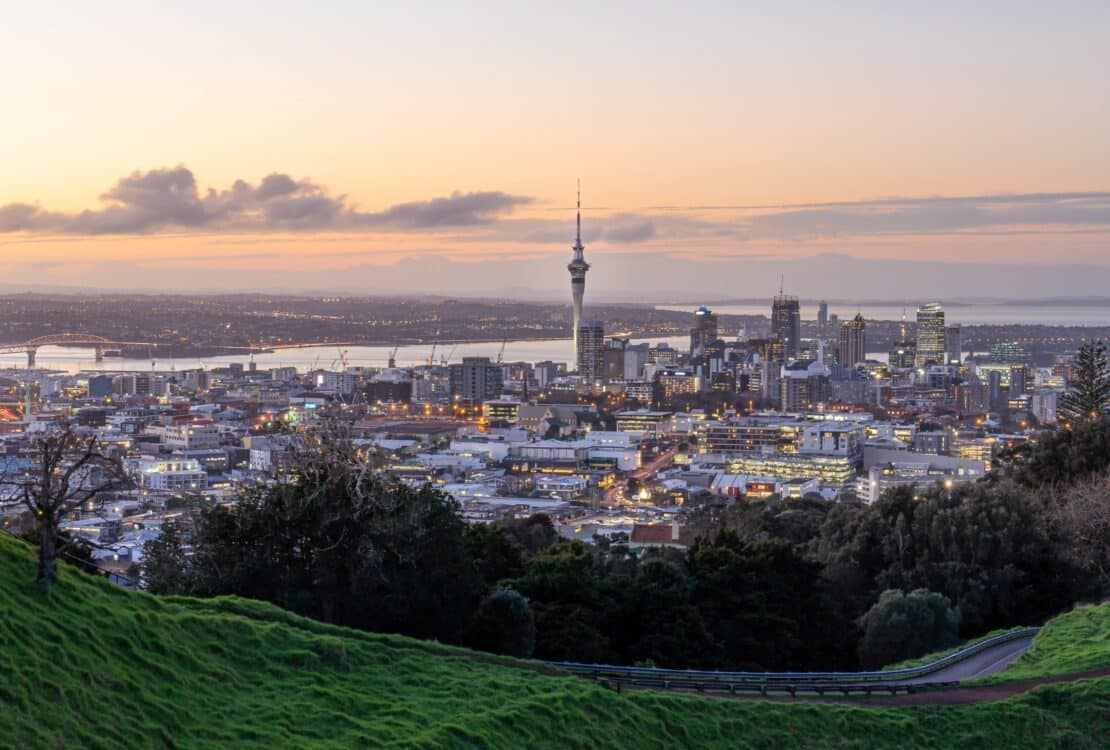 The Auckland city skyline at sunset