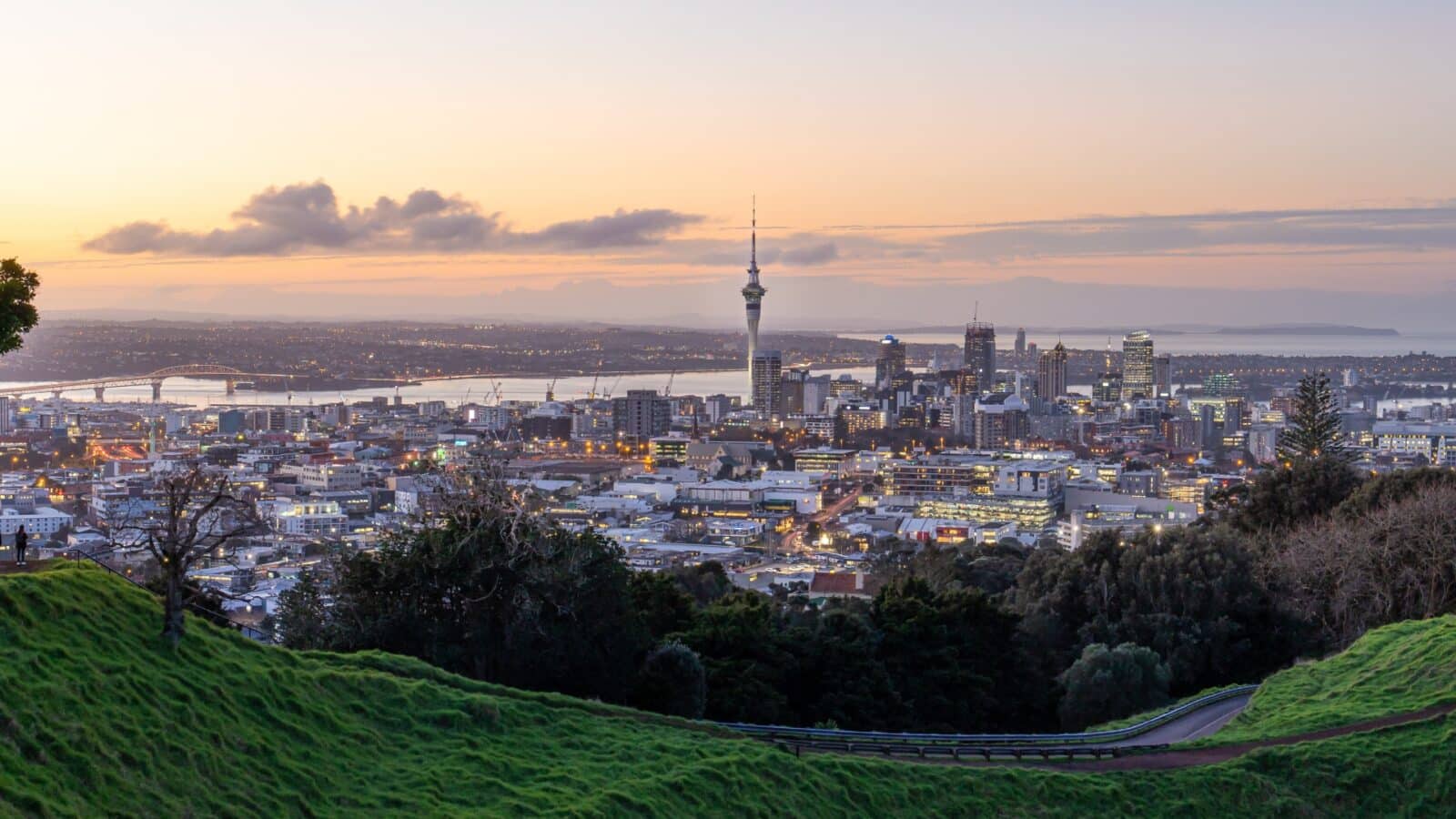 The Auckland city skyline at sunset