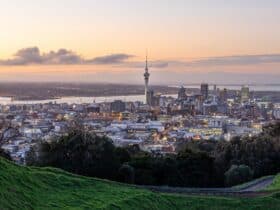 The Auckland city skyline at sunset