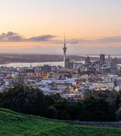 The Auckland city skyline at sunset