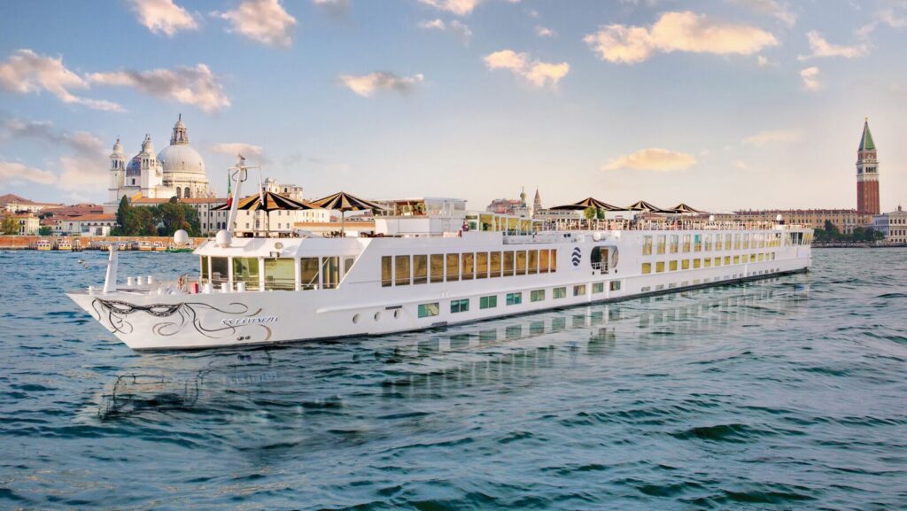A Uniworld Boutique River Cruises vessel in Venice, Italy