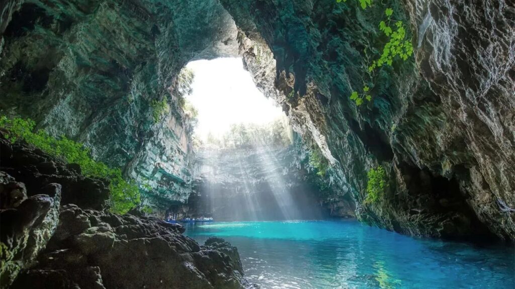 Melissani Cave on the Greek island of Kefalonia, which many archaeologists and historians associate with the "Cave of the Nymphs" in Homer's Odyssey