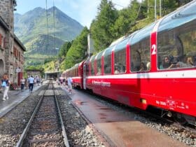 The Bernina Express at a station in Switzerland