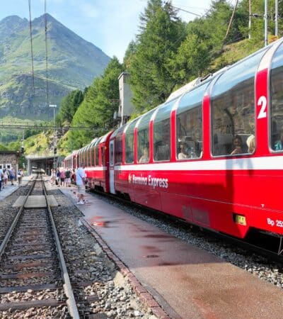 The Bernina Express at a station in Switzerland